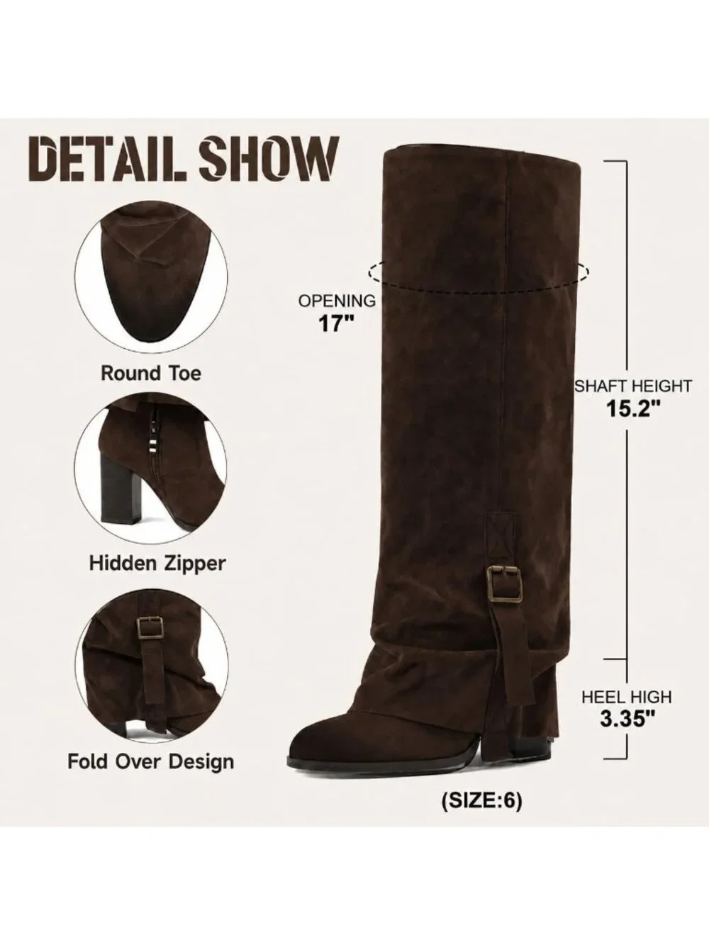 Women's Chocolate Round Toe Chunky Heel Faux Leather Slouch Knee High Boots